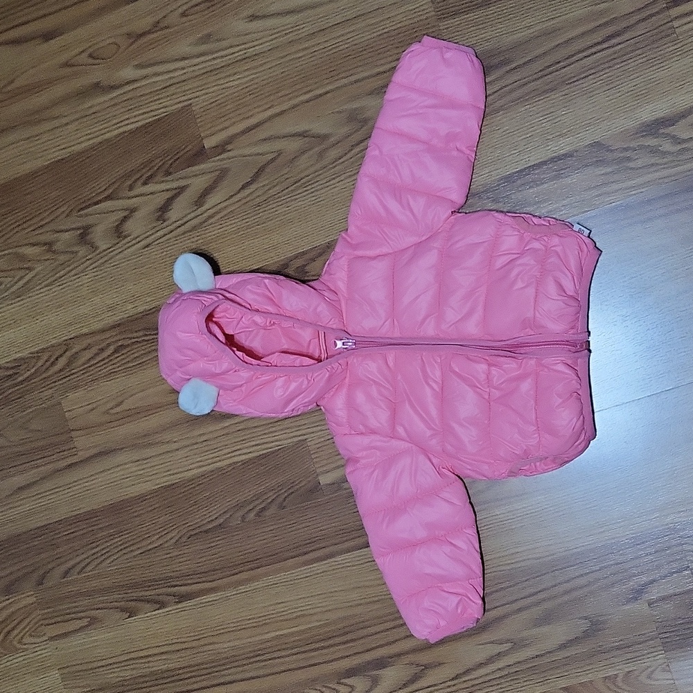 Baby girl 12M pink puffer jacket coat Happybaby hooded teddy bear ears